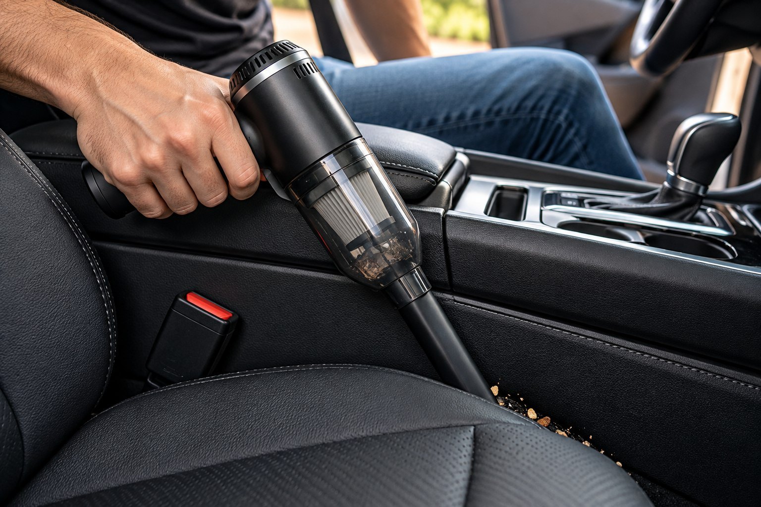 Imagem ilustrativa de uma pessoa limpando a fresta entre banco e console do carro com um mini aspirador